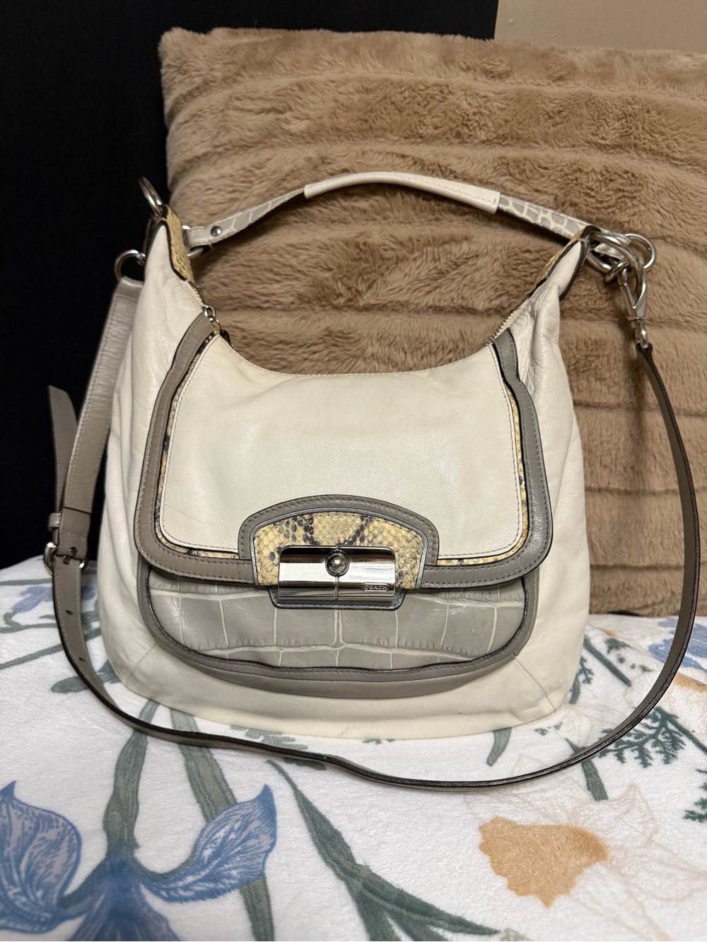 Coach White Leather Kristin Hobo w/ Python & Croc Trim